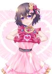  1girl absurdres blush cosplay dress gloves hair_ornament highres hoshino_ai_(oshi_no_ko) hoshino_ai_(oshi_no_ko)_(cosplay) levana_violette_(lusan666) looking_at_viewer lusan666 original oshi_no_ko pink_dress pink_gloves purple_hair rabbit_hair_ornament short_hair solo symbol-shaped_pupils 