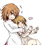  2girls :o blush brown_eyes brown_hair dress highres hug hug_from_behind i.u.y kinuhata_saiai misaka_worst multiple_girls open_mouth spoken_blush sweater to_aru_majutsu_no_index v-shaped_eyebrows vietnamese_dress white_dress 