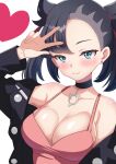  asymmetrical_bangs black_choker black_jacket blush breasts choker cleavage green_eyes heart highres jacket large_breasts marnie_(pokemon) medium_hair pink_shirt pokemon pokemon_swsh pon_tanuki_(ga7fsrge9jxblaw) shirt sleeveless sleeveless_shirt v 