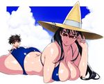  1girl adjusting_eyewear ass bikini black_hair breast_rest breasts brown_hair cleavage hat jinroku kagari_ayaka large_breasts long_hair looking_over_eyewear lying miniboy on_stomach parted_lips red_eyes solo_focus sunglasses swimsuit takamiya_honoka witch_craft_works witch_hat 