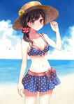  aqua_nails bad_id bad_pixiv_id beach bikini bikini_skirt black_hair brown_eyes day flower fukahire_(ruinon) hand_on_headwear hat layered_bikini long_hair nail_polish original solo sun_hat swimsuit 