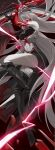  1girl absurdres acheron_(honkai:_star_rail) black_footwear black_gloves black_shorts boots breasts coat commentary_request gloves gosmfl grey_hair hair_over_one_eye high_heel_boots high_heels highres holding holding_sword holding_weapon honkai:_star_rail honkai_(series) katana looking_at_viewer medium_breasts midriff navel official_alternate_color red_eyes short_shorts shorts single_bare_shoulder solo stomach sword thighs weapon 