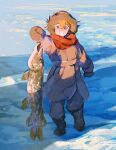  1boy aged_down animal blue_eyes blush boots brown_coat child coat day fenkko fish full_body genshin_impact highres holding holding_animal holding_fish ice mittens orange_hair outdoors red_scarf scarf smile snow solo tartaglia_(genshin_impact) teeth winter_clothes 