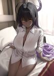  1girl ahoge black_hair blue_archive blurry blurry_background breasts cleavage closed_mouth commentary_request dark-skinned_female dark_skin gradient_hair hair_between_eyes highres indoors karin_(blue_archive) large_breasts long_hair looking_at_viewer multicolored_hair naked_shirt on_bed partially_unbuttoned purple_hair shirt sitting solar_(happymonk) solo very_long_hair white_shirt yellow_eyes 