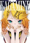  1girl absurdres alternate_costume blonde_hair blue_eyes bow character_name facial_tattoo goma_irasuto hair_between_eyes hair_ornament hair_ribbon hairclip highres kagamine_rin looking_at_viewer number_tattoo ribbon short_hair smile tattoo vocaloid 