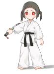  1girl absurdres arched_bangs barefoot belt black_belt black_hair blood blood_on_clothes blood_on_face bright_pupils closed_mouth commentary_request dougi full_body highres holding holding_knife knife kuma-bound martial_arts_belt original pants red_eyes short_hair short_twintails simple_background solo standing toes twintails v-shaped_eyebrows white_background white_pants white_pupils 
