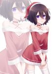  1girl absurdres bare_shoulders brown_hair closed_mouth dress hat highres levana_violette_(lusan666) long_sleeves lusan666 original purple_eyes santa_dress santa_hat solo thighhighs white_thighhighs zoom_layer 