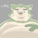 anthro canid canine canis clothed clothing domestic_dog fur green_body green_fur lifewonders live_a_hero male mammal mokdai moobs nipples overweight solo topless toto3_official