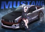  1girl between_legs black_footwear black_hair black_hoodie blue_archive blush car commission crossover ford ford_mustang ford_mustang_s197 halo hand_between_legs highres hood hood_down hoodie horns kayoko_(blue_archive) leaning_forward looking_at_viewer motor_vehicle mugi_(marineblue134) multicolored_hair muscle_car need_for_speed need_for_speed:_most_wanted_(2005) plaid plaid_skirt purple_eyes red_skirt shoes skeb_commission skirt sneakers solo spoiler_(automobile) streaked_hair vehicle_focus white_hair 