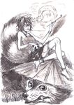  animal animal_ears anklet bad_id bad_pixiv_id barefoot fang futatsuiwa_mamizou glasses graphite_(medium) hat highres jewelry kiseru kobuushi leaf leaf_on_head monochrome pipe red_eyes short_hair skirt smoke smoking solo spot_color tail tanuki touhou traditional_media youkai 