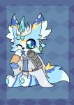 1_horn 2022 :3 abstract_background ambiguous_anthro ambiguous_gender anthro biped black_nose blue_body blue_clothing blue_eyes blue_fur blue_hair blue_horn blue_markings blue_pawpads blue_pupils canid canine catnippeaches chibi clothed clothed_ambiguous clothed_anthro clothing cosplay crown dark_sclera digital_drawing_(artwork) digital_media_(artwork) dipstick_tail emerald_(gem) empires_smp empires_smp_(season_1) facial_markings fennec_fox flat_colors fox freckles fur gem glistening glistening_eyes glistening_horn gradient_eyes green_eyes hair head_markings headgear hi_res horn inner_ear_fluff lake_(catnippeaches) mammal markings multicolored_body multicolored_clothing multicolored_fur one_eye_closed pawpads paws pupils royalty semi-anthro sitting smajor1995 solo tail tail_markings teal_eyes true_fox tuft white_clothing yellow_body yellow_fur yellow_markings