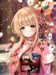  1girl balloon black_sash blonde_hair blunt_bangs blurry blurry_background eyeshadow falling_petals floating_hair floral_print_kimono hair_bun hair_ornament hand_on_own_chest highres hinamatsuri japanese_clothes kankake_kann_kake kanzashi kimono light_blush looking_at_viewer makeup obi otonari_no_tenshi-sama_ni_itsu_no_mani_ka_dame_ningen_ni_sarete_ita_ken outdoors petals pink_eyeshadow pink_kimono pink_nails sash shiina_mahiru_(otonari_no_tenshi-sama) short_hair_with_long_locks smile tree upper_body yellow_eyes 