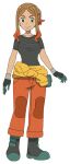  1girl boots breasts brown_hair closed_mouth clothes_around_waist eyelashes gloves green_eyes green_footwear green_gloves looking_at_viewer multicolored_hair official_art orange_hair orange_pants orla_(pokemon) pants parted_bangs pokemon pokemon_(anime) pokemon_horizons shirt short_sleeves sidelocks smile solo split_mouth t-shirt transparent_background two-tone_hair 