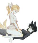  0820_lakia 2girls absurdres animal_ears bare_legs black_hair black_pants black_shirt blonde_hair blush breasts closed_mouth commentary_request dog_ears dog_girl dog_tail hair_ribbon highres korean_commentary long_sleeves looking_at_another medium_breasts multiple_girls original pants ponytail ribbon shirt short_sleeves simple_background sitting sitting_on_person sleeves_past_wrists sweatdrop tail white_background white_ribbon white_shirt yuri 