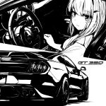  1girl car collared_shirt english_commentary ford ford_mustang ford_mustang_gt350r ford_mustang_s550 from_behind frown greyscale hair_ornament hairclip highres looking_at_viewer monochrome motor_vehicle multiple_views muscle_car nougat_(73r1r1) original shadow shirt spoiler_(automobile) steering_wheel vehicle_focus 