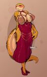 absurd_res amphibian anthro areola big_breasts breasts clothed clothing digital_media_(artwork) dress eyelashes female footwear freckled_breasts freckles helen_(liltelltails) hi_res high_heels hollow_hip_dress huge_breasts liltelltails mature_female meme meme_clothing multicolored_body nipples red_clothing red_dress salamander scalie shoes simple_background smile solo tail tan_body two_tone_body