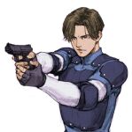  1boy blue_eyes brown_hair commentary_request gun handgun holding holding_gun holding_weapon iwamoto_tatsurou leon_s._kennedy male_focus parted_lips police police_uniform resident_evil resident_evil_2 short_hair simple_background solo uniform upper_body vest weapon white_background 