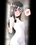  ! !! 1girl after_bathing black_hair blunt_bangs breasts furaggu_(frag_0416) hair_down highres kantai_collection kitakami_(kancolle) long_hair naked_towel pov_doorway purple_eyes small_breasts solo speech_bubble spoken_exclamation_mark standing towel very_long_hair white_towel 