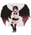  1girl ahoge armlet bare_shoulders belt bird_legs black_hair black_skirt black_tank_top black_wings blush breasts bright_pupils choker commentary_request crop_top feathers gradient_hair gradient_wings grey_background hair_between_eyes heart heart_choker highres midriff miniskirt multicolored_hair multicolored_wings navel nuggets_(cokekock) open_mouth original pink_feathers pink_hair pink_wings short_hair skirt small_breasts solo sparkle talons tank_top thighlet two-tone_background white_background white_belt white_pupils wings yellow_eyes 