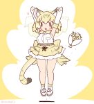  1girl animal_ears arms_up blonde_hair bow bowtie cat_ears cat_girl cat_tail coroha elbow_gloves extra_ears flower full_body gloves jumping kemono_friends looking_at_viewer sand_cat_(kemono_friends) shirt shoes short_hair simple_background skirt sleeveless sleeveless_shirt socks solo tail yellow_background 