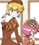  2girls blonde_hair blue_eyes blurry blurry_background brooch brown_coat cabbie_hat capelet coat deerstalker depth_of_field detective_peach detesu earrings gloves hand_on_own_chin hat highres holding holding_magnifying_glass indoors jacket jewelry looking_to_the_side looking_up magnifying_glass mario_(series) multiple_girls official_alternate_costume official_alternate_hairstyle pink_hair princess_peach princess_peach:_showtime! sheila_bell short_hair solo sphere_earrings surechigai_meikyuu white_gloves 