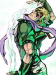  blonde_hair bubble caesar_anthonio_zeppeli facial_mark feathers fingerless_gloves gloves green_eyes green_jacket hair_feathers headband jacket jojo_no_kimyou_na_bouken kanoshi male_focus scarf solo tegaki 