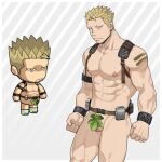  1boy abs absurdres bara beard_stubble chest_belt chibi cowboy_shot ero_condo facial_hair flaccid highres kienbiu large_pectorals leaf leaf_censor leather_belt male_focus muscular muscular_male navel nipples official_alternate_costume paid_reward_available pectorals penis punt_(kienbiu) revealing_clothes short_hair sideburns simple_background solo spiked_hair standing stomach stubble testicles thighs wrist_belt 