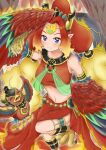  1girl absurdres animal animal_feet bare_shoulders bird blue_eyes blush breasts commentary_request crop_top duel_monster feathers fire fire_king_avatar_princess gt_majoyan hair_intakes harpy headdress high_ponytail highres long_hair looking_at_viewer medium_breasts midriff monster_girl multicolored_wings navel parted_bangs pointy_ears red_feathers red_hair red_skirt side_slit sidelocks skirt smile solo talons thighlet tiara wings yu-gi-oh! 