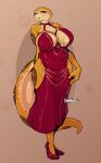 absurd_res amphibian anthro artist_name big_breasts breasts cleavage clothed clothing dress eyelashes female footwear freckled_breasts freckles helen_(liltelltails) hi_res high_heels hollow_hip_dress huge_breasts liltelltails mature_female meme meme_clothing multicolored_body red_clothing red_dress salamander scalie shoes simple_background smile solo standing tail tan_body two_tone_body