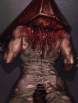 blood blood_on_ass blood_on_back blood_on_clothes blood_on_shoulder c2h4_(1849155751) censored cum cum_on_ass cum_on_clothes dead_by_daylight english_text from_behind highres male_focus pov pyramid_head scar_on_shoulder spotlight torn_clothes upper_body yaoi 