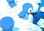  afloat animal_focus aomon_(yuuji7604) bird blue_skin colored_skin commentary_request eiscue eiscue_(ice) highres no_humans outdoors penguin piplup pokemon pokemon_(creature) snow walking water 