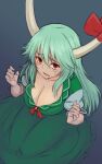 1girl breasts cleavage collarbone dress ex-keine from_above green_dress green_hair highres horn_ornament horn_ribbon horns kakone kamishirasawa_keine looking_at_viewer looking_up puffy_short_sleeves puffy_sleeves red_eyes ribbon short_sleeves solo tears touhou 