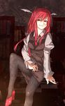  bad_id bad_pixiv_id bat_wings black_legwear hanamaru-s head_wings high_heels knee_up koakuma long_hair long_sleeves looking_at_viewer miniskirt necktie pantyhose red_eyes red_footwear red_hair red_neckwear shoes sitting skirt smug solo touhou vest wings 