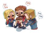  1girl 3boys artist_name avengers:_infinity_war avengers_(series) back beard black_shirt blonde_hair blue_bodysuit bodysuit brown_gloves brown_hair captain_america captain_marvel carol_danvers collared_jacket doqute_doll_photoshoot_parody_(meme) english_commentary english_text faceless faceless_male facial_hair fingerless_gloves gloves grey_jacket hand_up hands_on_own_head hands_up headphones holding holding_headphones holding_phone hood hooded_jacket jacket long_hair marvel marvel_cinematic_universe meme multiple_boys open_clothes open_jacket peter_quill phone purple_shirt red_bodysuit red_jacket shadow shirt short_hair simple_background sitting speech_bubble standing star_(symbol) steve_rogers superhero_costume t-shirt teacat_marnie tony_stark two-tone_bodysuit watch white_background wristwatch 