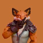 animal_humanoid anthro asdfdog brown_clothing brown_gloves brown_handwear canid canine chest_tuft clothed clothing epic_games fennix_(fortnite) fortnite fox fur gloves green_clothing handwear happy hi_res humanoid male mammal muscular muscular_male orange_background orange_body orange_fur simple_background smile solo spikes tuft white_body white_fur yellow_eyes zipper