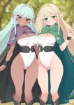  2girls black_cape black_wristband blonde_hair blurry blurry_background blush braid braided_sidelock breasts cape capelet character_request cleavage commentary_request copyright_request covered_navel dark-skinned_female dark_elf dark_skin dot_mouth elf eltolinde french_braid green_capelet green_eyes hand_up highleg highleg_leotard highres large_breasts leotard long_hair looking_at_viewer multiple_girls pointy_ears purple_capelet ransusan red_eyes rosalinde_(unicorn_overlord) smile unicorn_overlord white_hair white_leotard 