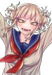  1girl arms_up blonde_hair blue_sailor_collar boku_no_hero_academia double_bun eyelashes fangs hair_bun imoan_atag long_sleeves looking_at_viewer messy_hair neckerchief open_mouth red_neckerchief sailor_collar school_uniform serafuku shirt short_hair sidelocks slit_pupils solo toga_himiko twitter_username white_background white_shirt yellow_eyes 