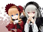  :d blonde_hair blue_eyes blush bonnet bow cup dress drill_hair flower frills hairband haribote_(tarao) kirakishou lolita_fashion long_hair multiple_girls open_mouth red_eyes rozen_maiden shinku silver_hair smile suigintou teacup when_you_see_it wings yakult 