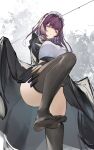  1girl absurdres azur_lane black_dress black_thighhighs breasts devonshire_(azur_lane) dress flantia framed_breasts from_below highres large_breasts long_hair maid_headdress purple_hair solo standing standing_on_one_leg thighhighs yellow_eyes 