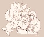  3girls animal_ears blush brown_background closed_mouth commentary_request fangs fox_ears fox_girl fox_tail green_eyes hair_ornament hairclip hand_on_another&#039;s_arm hand_on_another&#039;s_neck hand_on_another&#039;s_shoulder heart hug hug_from_behind japanese_clothes kemonomimi_mode kimono kitsune korean_commentary kurosawa_dia kyuubi long_hair love_live! love_live!_sunshine!! matsuura_kanan monochrome multiple_girls multiple_tails ohara_mari open_mouth parted_lips pito_(sh02327) purple_eyes simple_background slit_pupils smile spot_color sweatdrop sword tail weapon 