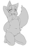 2018 anthro belly bikini blush clothing female fluffy fluffy_tail greyscale hair kemono looking_at_viewer monochrome navel open_mouth raised_arm shirokoma simple_background snout solo swimwear tail white_background