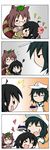  &gt;_&lt; 3girls 4koma :d =_= absurdres ahoge animal_ears asymmetrical_wings bared_teeth black_hair brown_hair chibi closed_eyes comic fang food futatsuiwa_mamizou glasses hat head_bump heart highres houjuu_nue leaf leaf_on_head multiple_girls murasa_minamitsu open_mouth raccoon_ears rakugaki-biyori sailor_hat silent_comic smile spoon squiggle sweatdrop tanuki tears toothpick touhou wagashi wings xd youkan_(food) 