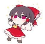  1girl armpits brown_hair chibi closed_mouth detached_sleeves expressionless frilled_hair_tubes frills full_body fumo_(doll) hair_between_eyes hair_tubes hakurei_reimu jitome long_sleeves no_nose outstretched_arms purple_eyes red_ribbon red_shirt red_skirt rei_(tonbo0430) ribbon shirt skirt solo touhou wide_sleeves 