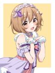  1girl arm_garter bare_shoulders blush border bow bowtie brown_eyes brown_hair dot_nose dress flat_chest from_side fur-trimmed_dress fur_trim hands_on_own_breasts highres idolmaster idolmaster_cinderella_girls idolmaster_cinderella_girls_starlight_stage koga_koharu looking_at_viewer open_mouth outside_border purple_bow purple_bowtie purple_ribbon ribbon scrunchie short_hair simple_background smile solo tottoto_tomekichi two-tone_dress white_border white_headdress white_scrunchie wrist_scrunchie yellow_background 