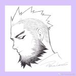  1boy bara beard border cropped_head ear_piercing expressionless facial_hair from_side greyscale_with_colored_background looking_ahead male_focus mature_male mohawk original piercing powerlesssong purple_border short_hair solo thick_beard thick_eyebrows undercut 