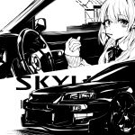  1girl bow car car_interior cardigan collared_shirt from_side greyscale hand_grab highres looking_at_viewer monochrome motor_vehicle multiple_views nissan nissan_skyline nissan_skyline_gt-r nissan_skyline_r34 nougat_(73r1r1) original shirt short_hair steering_wheel 