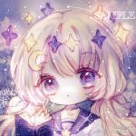  1girl :o bcy_username blonde_hair blue_sky book brooch canis_major_(constellation) chibi choker cloud collared_shirt constellation crescent crescent_choker crescent_hair_ornament eyelashes hair_ornament halo jewelry light_blush long_hair looking_at_viewer low_twintails open_book original parted_lips pentagram purple_choker purple_eyes purple_sailor_collar sailor_collar sample_watermark shirt shuijiao_de_gezi sky solo star_(symbol) star_brooch star_halo third-party_source twintails upper_body watermark white_shirt 