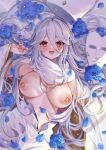  1girl ahoge blue_archive blue_flower blue_petals blue_rose blush breasts breasts_apart detached_sleeves flower grey_hair hair_between_eyes heart heart-shaped_pupils highres lactation large_breasts long_hair mask mole mole_under_eye nameless_priest_(blue_archive) nipple_piercing nipples open_mouth piercing pink_nails red_eyes rose sakurai_momoka_no_musuko scarf skirt smile solo symbol-shaped_pupils twitter_username unworn_mask white_scarf white_skirt white_sleeves wide_sleeves 