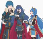  1boy 2girls ancestor_and_descendant armor belt black_gloves blue_cape blue_dress blue_hair breastplate brown_belt caeda_(fire_emblem) caeda_(marth&#039;s_faithful)_(fire_emblem) cape closed_eyes dress falchion_(fire_emblem) fingerless_gloves fire_emblem fire_emblem:_mystery_of_the_emblem fire_emblem_awakening fire_emblem_heroes fur_trim gloves hand_on_own_face highres holding_hands index_finger_raised long_hair lucina_(fire_emblem) marth_(fire_emblem) multiple_girls official_alternate_costume open_mouth red_cape sasaki_(dkenpisss) sheath sheathed short_hair shoulder_armor spoken_blush sword tiara two-tone_cape weapon 