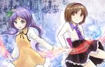  bow brown_eyes brown_hair dress hair_ornament hairband lamp long_hair long_sleeves looking_at_viewer multiple_girls musical_note open_mouth pasu purple_eyes purple_hair ribbon shirt short_hair siblings sisters skirt smile touhou tsukumo_benben tsukumo_yatsuhashi twintails 